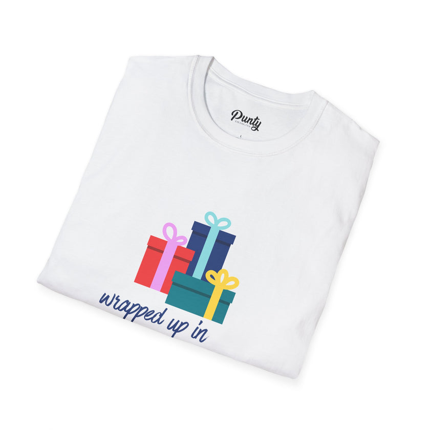 Wrapped Up In The Holiday Spirit - Blue - Softstyle Cotton Tee