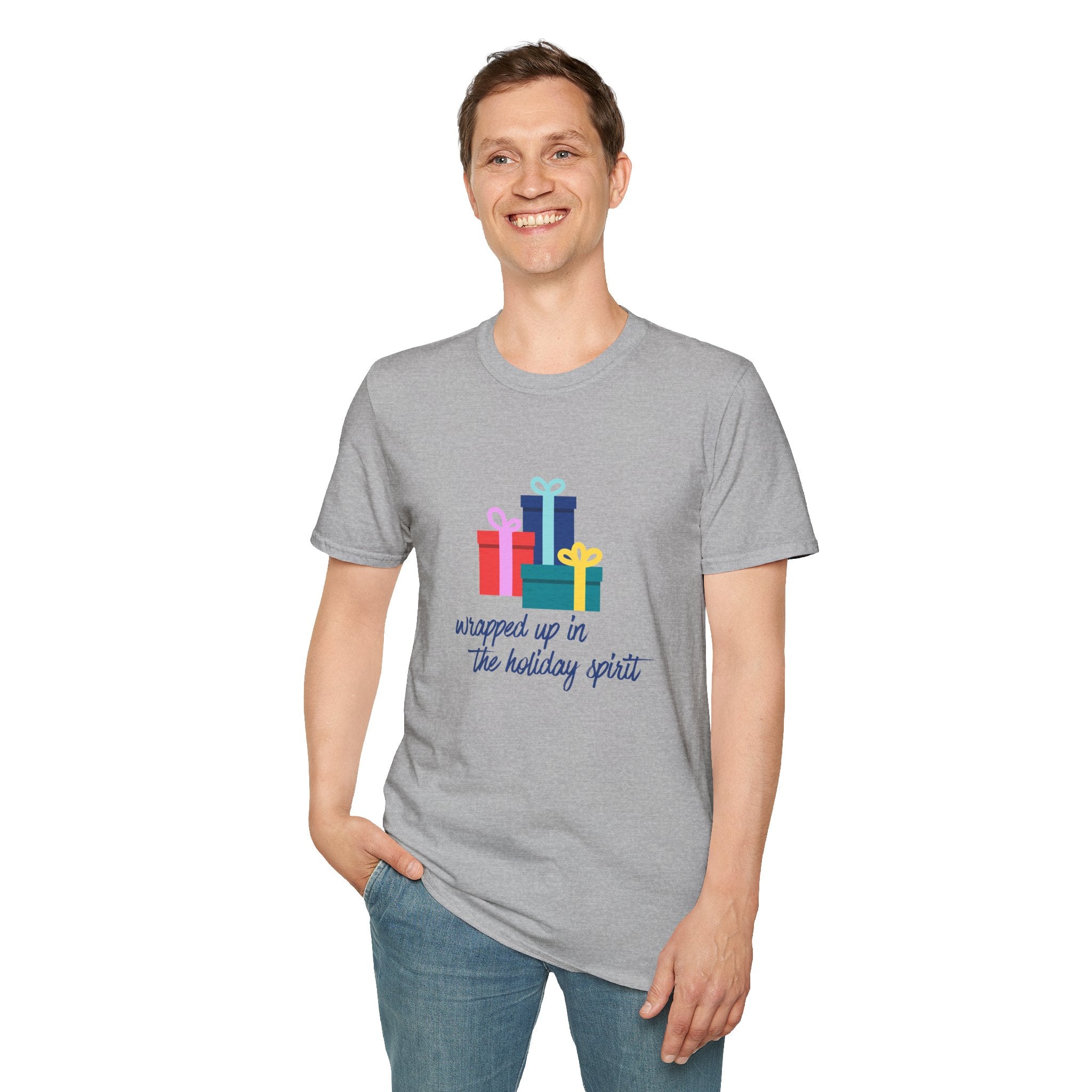 Wrapped Up In The Holiday Spirit - Blue - Softstyle Cotton Tee