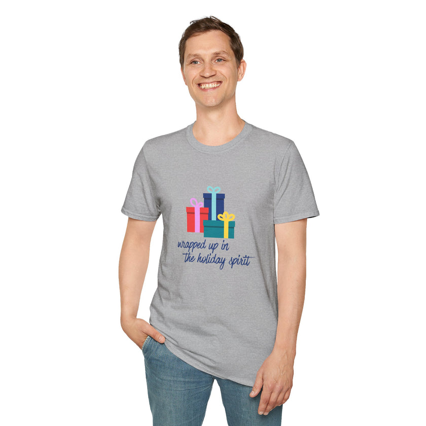 Wrapped Up In The Holiday Spirit - Blue - Softstyle Cotton Tee