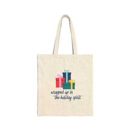Wrapped Up In The Holiday Spirt - Blue - Cotton Canvas Tote Bag