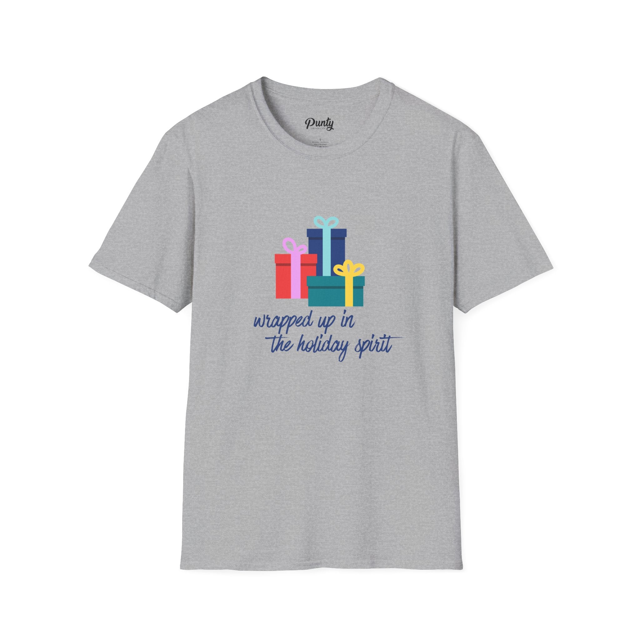 Wrapped Up In The Holiday Spirit - Blue - Softstyle Cotton Tee