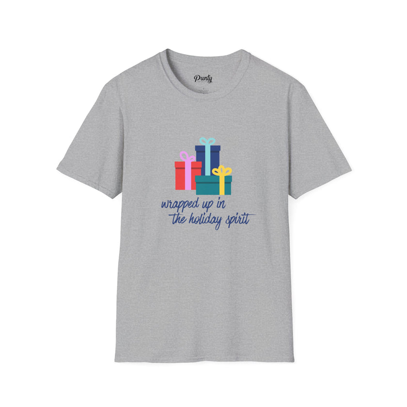 Wrapped Up In The Holiday Spirit - Blue - Softstyle Cotton Tee