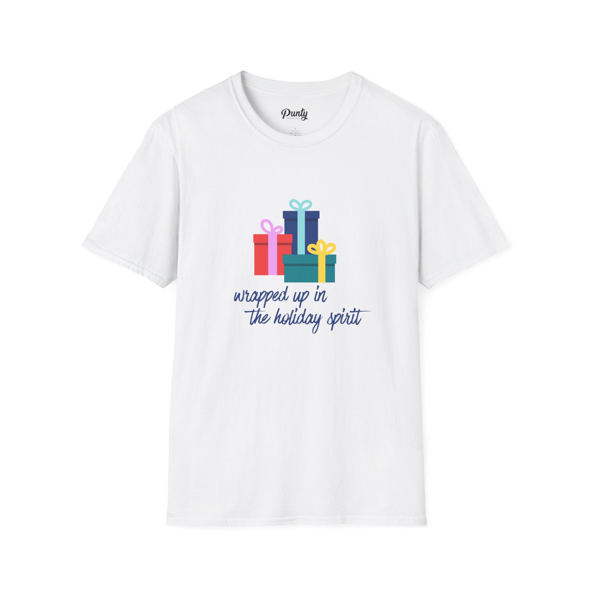 Wrapped Up In The Holiday Spirit - Blue - Softstyle Cotton Tee