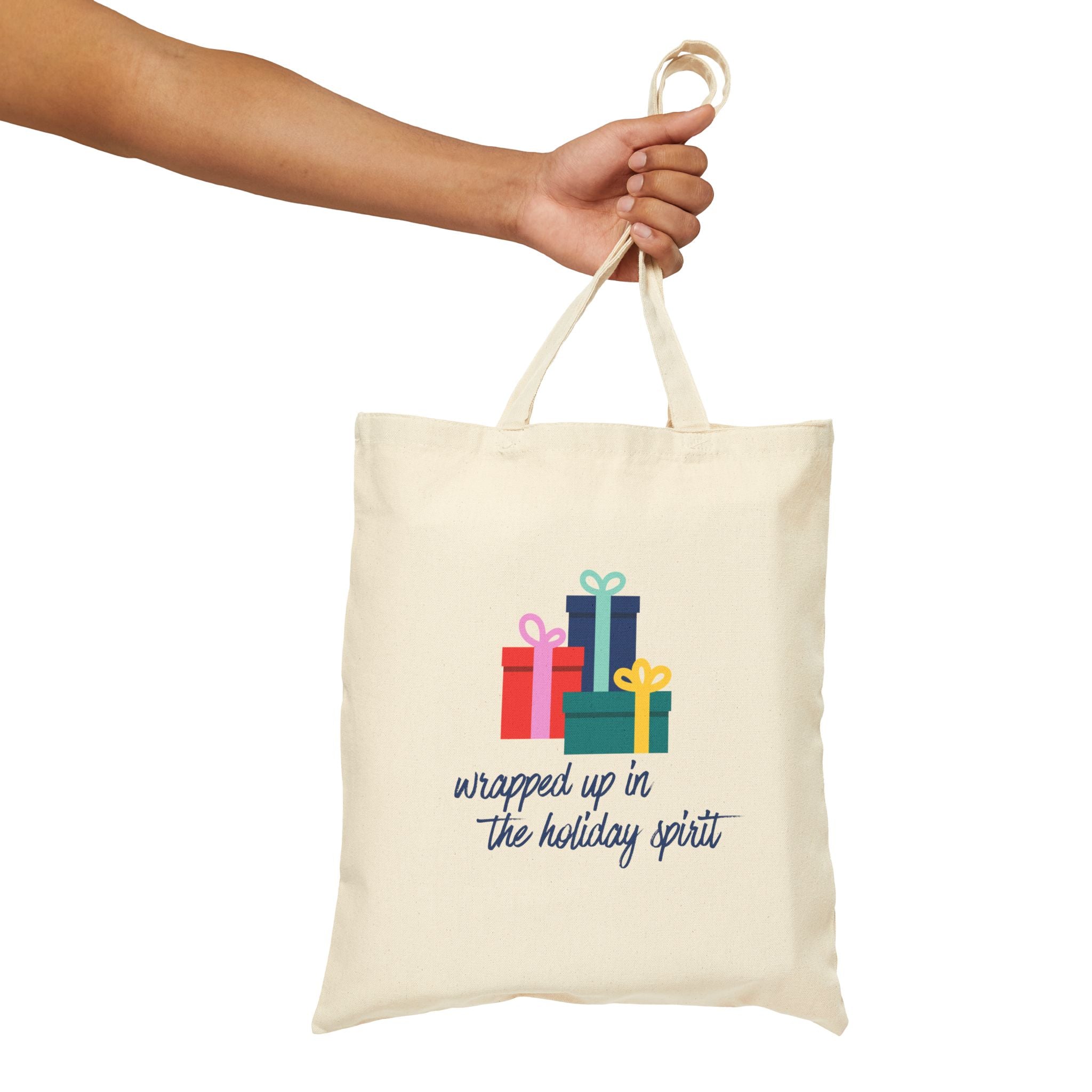 Wrapped Up In The Holiday Spirt - Blue - Cotton Canvas Tote Bag
