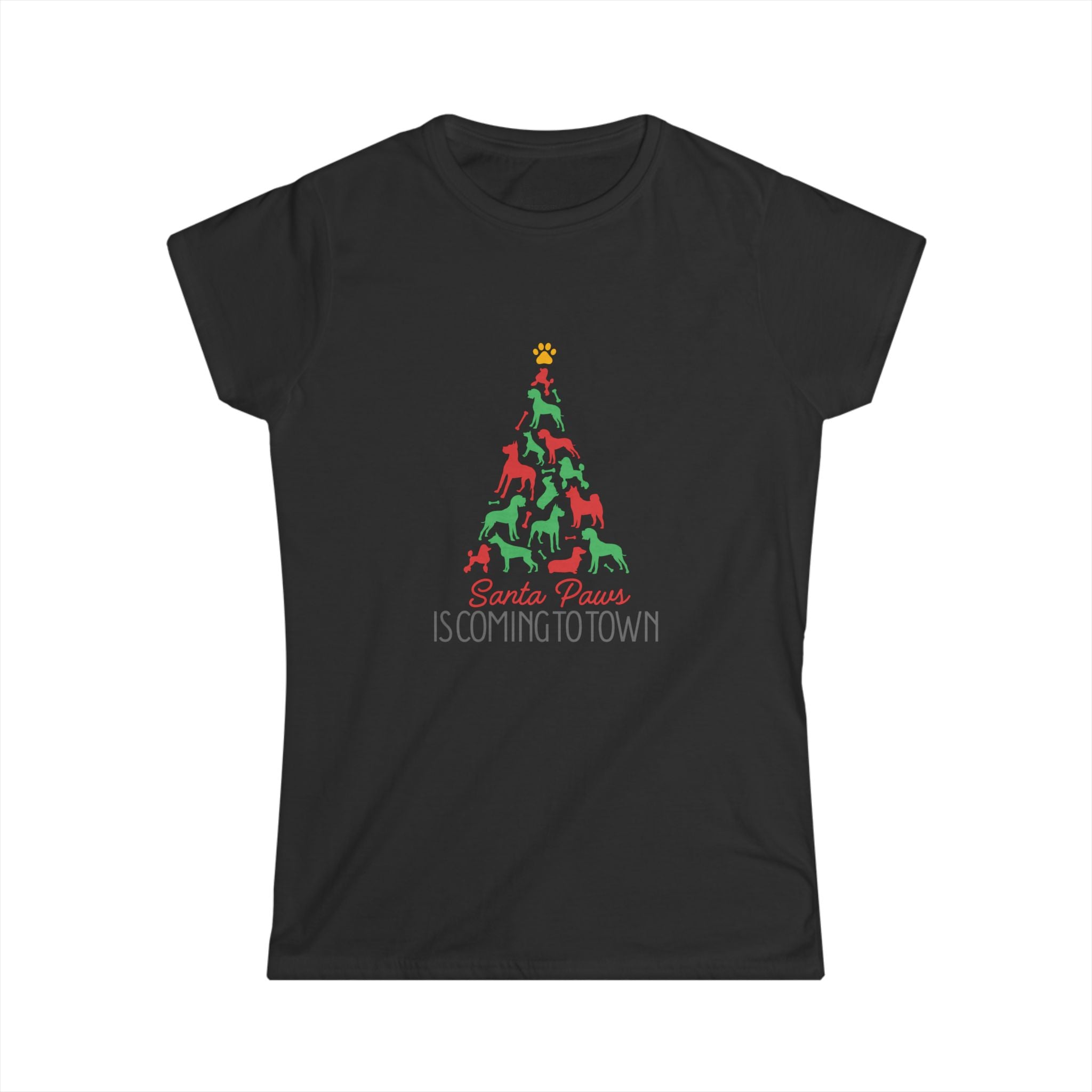 Santa Paws Is Coming To Town- Tree- Fitted Softstyle Cotton Tee