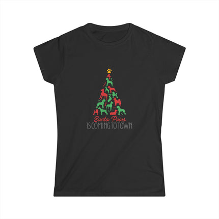 Santa Paws Is Coming To Town- Tree- Fitted Softstyle Cotton Tee
