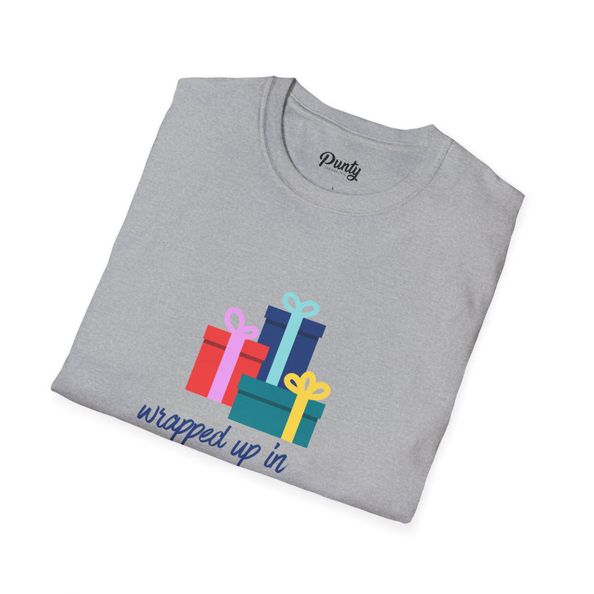 Wrapped Up In The Holiday Spirit - Blue - Softstyle Cotton Tee