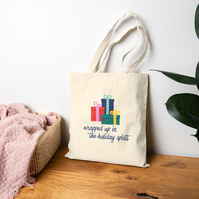 Wrapped Up In The Holiday Spirt - Blue - Cotton Canvas Tote Bag
