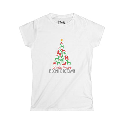 Santa Paws Is Coming To Town- Tree- Fitted Softstyle Cotton Tee